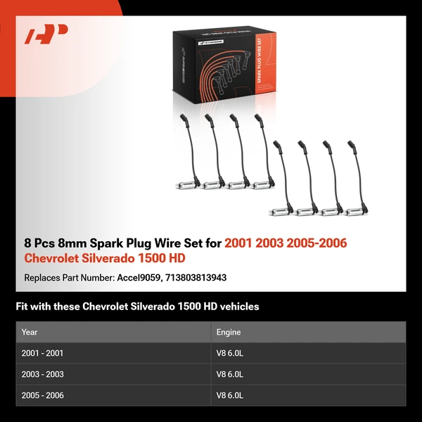 8 Pcs 8mm Spark Plug Wire Set for 2001 2003 2005-2006 Chevrolet Silverado 1500 HD