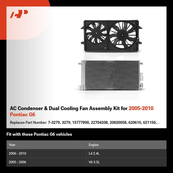 AC Condenser & Dual Cooling Fan Assembly Kit for 2005-2010 Pontiac G6