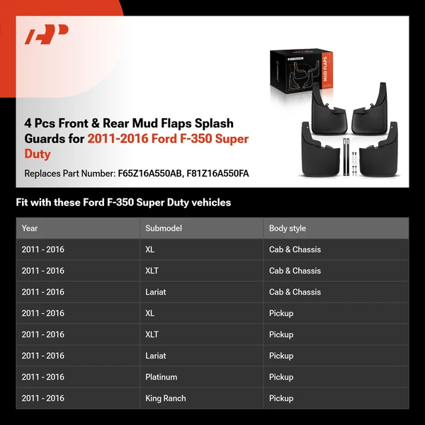 4 Pcs Front & Rear Mud Flaps Splash Guards for 2011-2016 Ford F-350 Super Duty