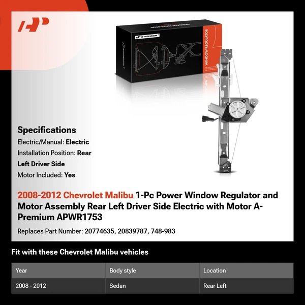 2008-2012 Chevrolet Malibu 1-Pc Power Window Regulator and Motor Assembly Rear Left Driver Side Electric with Motor A-Premium APWR1753