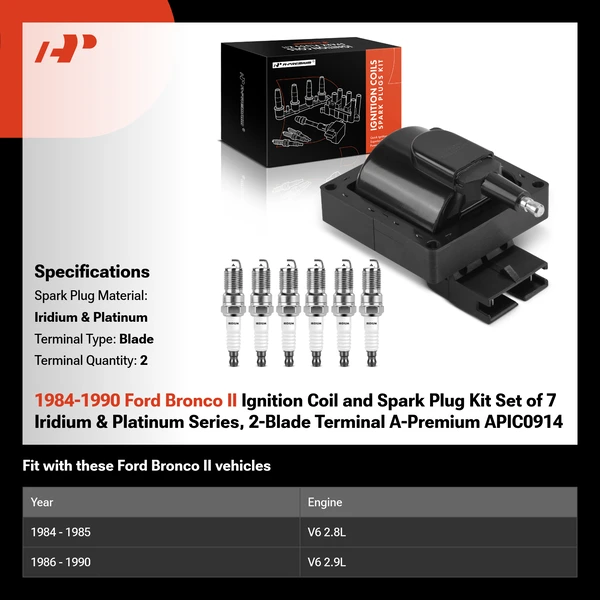 1984-1990 Ford Bronco II Ignition Coil and Spark Plug Kit Set of 7 Iridium & Platinum Series, 2-Blade Terminal A-Premium APIC0914