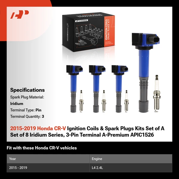 2015-2019 Honda CR-V Ignition Coils & Spark Plugs Kits Set of A Set of 8 Iridium Series, 3-Pin Terminal A-Premium APIC1526