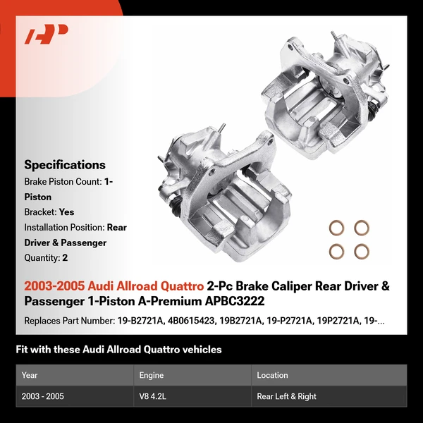 2003-2005 Audi Allroad Quattro 2-Pc Brake Caliper Rear Driver & Passenger 1-Piston A-Premium APBC3222