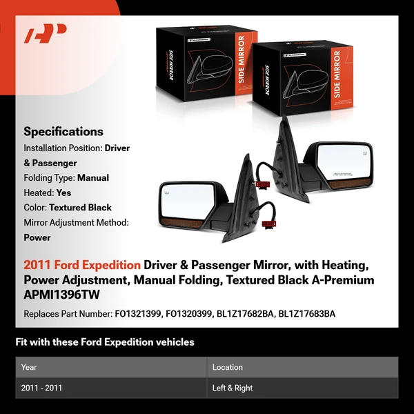 2011 Ford Expedition Driver & Passenger Mirror, with Heating, Power Adjustment, Manual Folding, Textured Black A-Premium APMI1396TW
