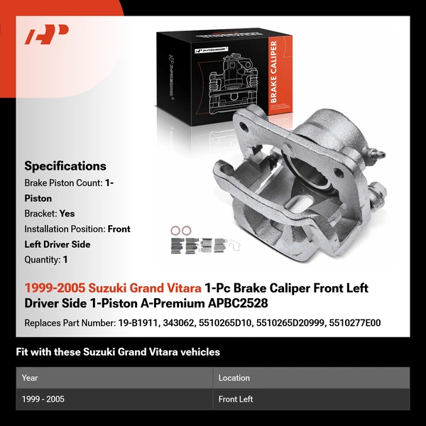 1999-2005 Suzuki Grand Vitara 1-Pc Brake Caliper Front Left Driver Side 1-Piston A-Premium APBC2528