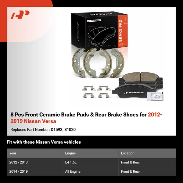 8 Pcs Front Ceramic Brake Pads & Rear Brake Shoes for 2012-2019 Nissan Versa