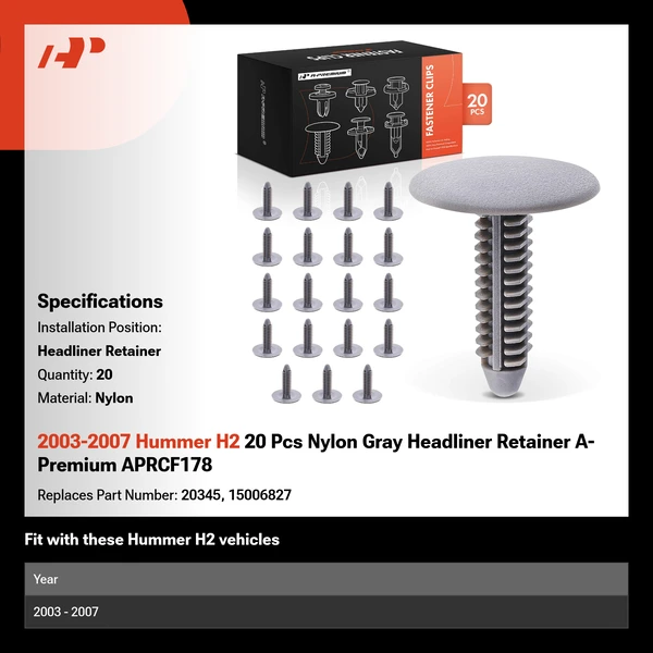 2003-2007 Hummer H2 20 Pcs Nylon Gray Headliner Retainer A-Premium APRCF178