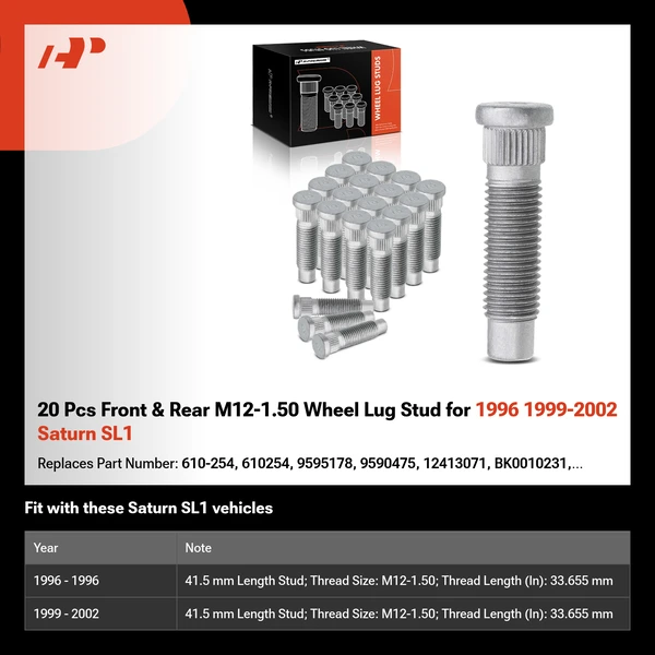 20 Pcs Front & Rear M12-1.50 Wheel Lug Stud for 1996 1999-2002 Saturn SL1