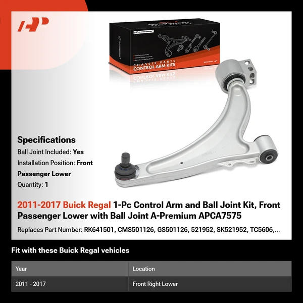 2011-2017 Buick Regal 1-Pc Control Arm and Ball Joint Kit, Front Passenger Lower with Ball Joint A-Premium APCA7575