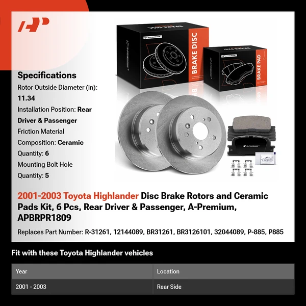 2001-2003 Toyota Highlander Disc Brake Rotors and Ceramic Pads Kit, 6 Pcs, Rear Driver & Passenger, A-Premium, APBRPR1809