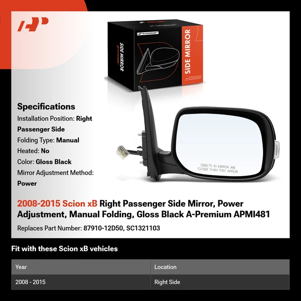 2008-2015 Scion xB Right Passenger Side Mirror, Power Adjustment, Manual Folding, Gloss Black A-Premium APMI481