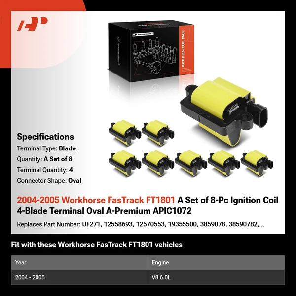 2004-2005 Workhorse FasTrack FT1801 A Set of 8-Pc Ignition Coil 4-Blade Terminal Oval A-Premium APIC1072