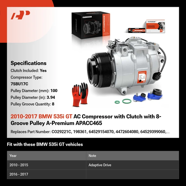 2010-2017 BMW 535i GT AC Compressor with Clutch with 8-Groove Pulley A-Premium APACC465