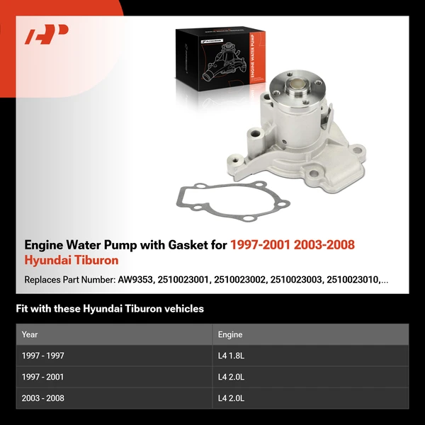 Engine Water Pump with Gasket for 1997-2001 2003-2008 Hyundai Tiburon