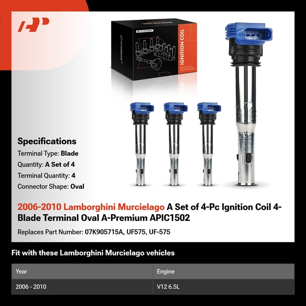 2006-2010 Lamborghini Murcielago A Set of 4-Pc Ignition Coil 4-Blade Terminal Oval A-Premium APIC1502