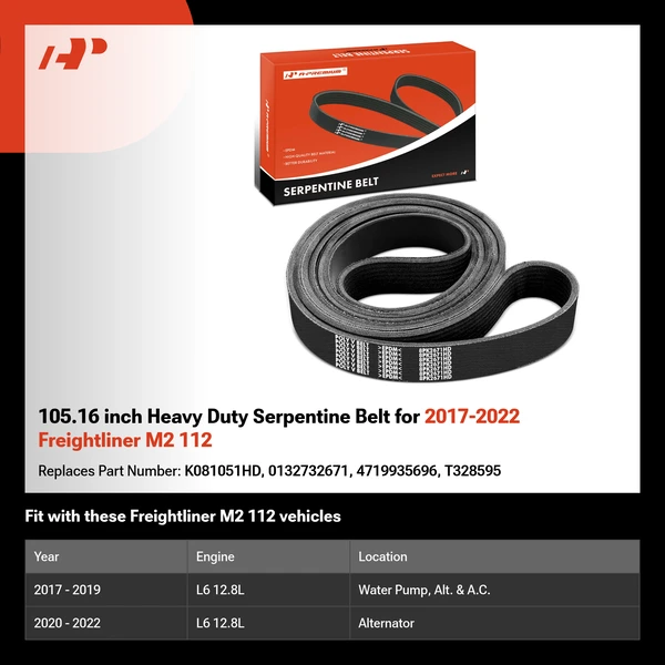 105.16 inch Heavy Duty Serpentine Belt for 2017-2022 Freightliner M2 112