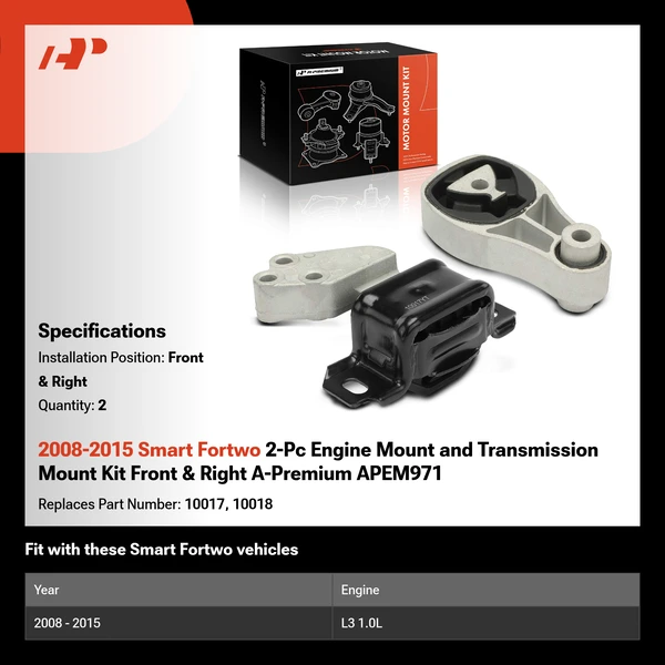 2008-2015 Smart Fortwo 2-Pc Engine Mount and Transmission Mount Kit Front & Right A-Premium APEM971
