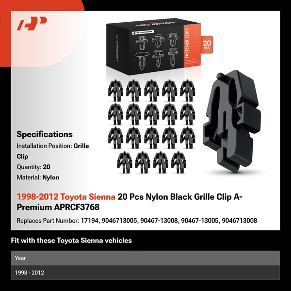 1998-2012 Toyota Sienna 20 Pcs Nylon Black Grille Clip A-Premium APRCF3768