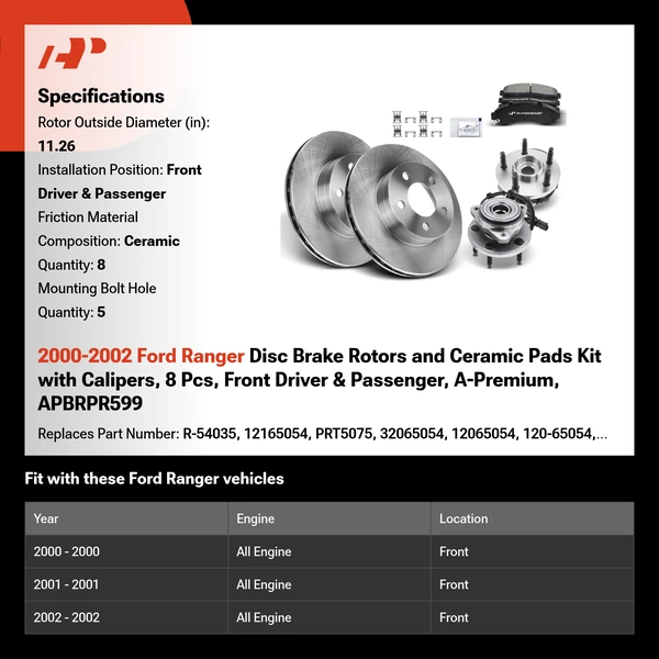 2000-2002 Ford Ranger Disc Brake Rotors and Ceramic Pads Kit with Calipers, 8 Pcs, Front Driver & Passenger, A-Premium, APBRPR599