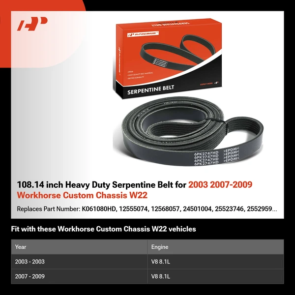 108.14 inch Heavy Duty Serpentine Belt for 2003 2007-2009 Workhorse Custom Chassis W22
