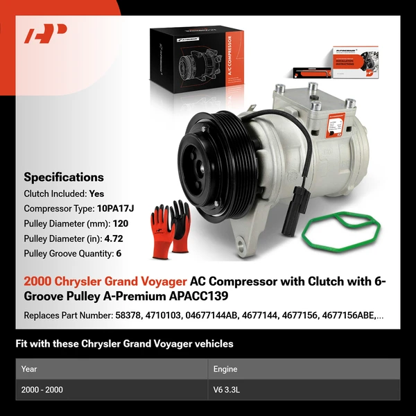 2000 Chrysler Grand Voyager AC Compressor with Clutch with 6-Groove Pulley A-Premium APACC139