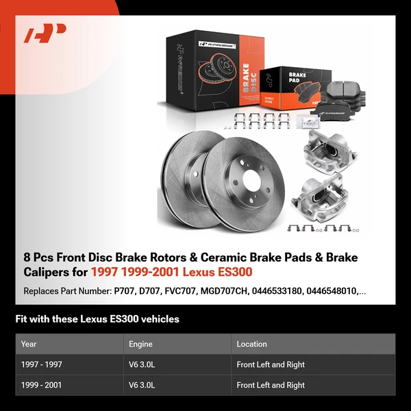8 Pcs Front Disc Brake Rotors & Ceramic Brake Pads & Brake Calipers for 1997 1999-2001 Lexus ES300