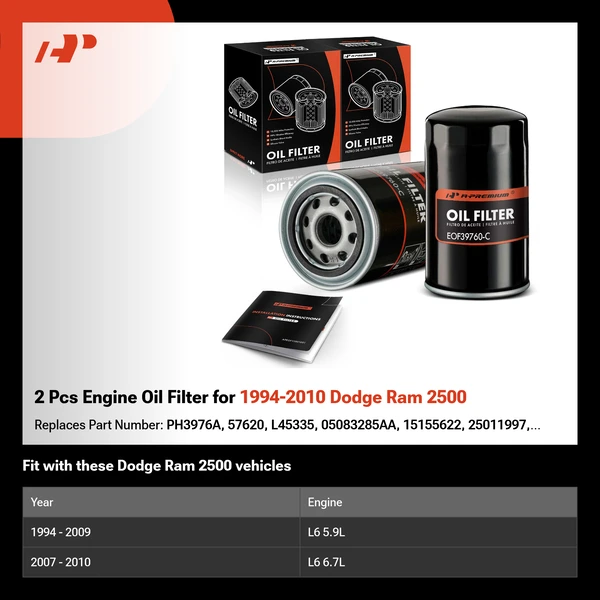 2 Pcs Engine Oil Filter for 1994-2010 Dodge Ram 2500