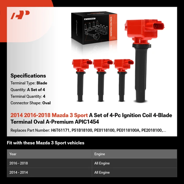 2014 2016-2018 Mazda 3 Sport A Set of 4-Pc Ignition Coil 4-Blade Terminal Oval A-Premium APIC1454