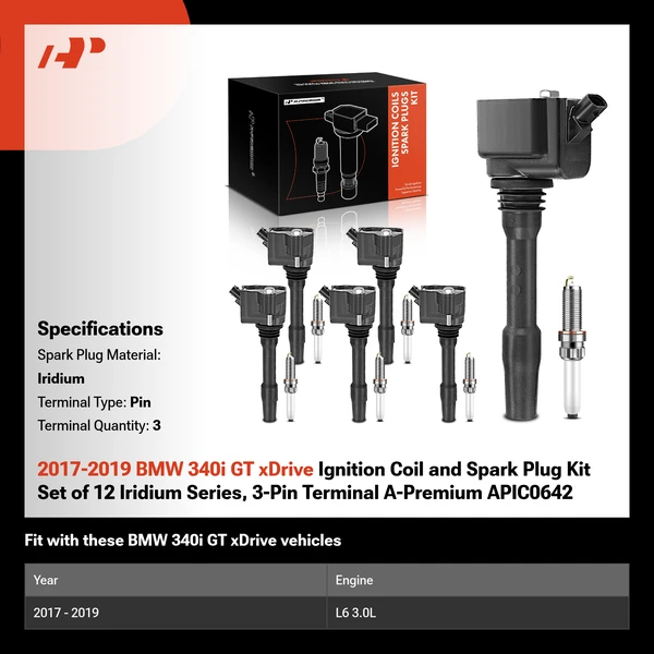 2017-2019 BMW 340i GT xDrive Ignition Coil and Spark Plug Kit Set of 12 Iridium Series, 3-Pin Terminal A-Premium APIC0642