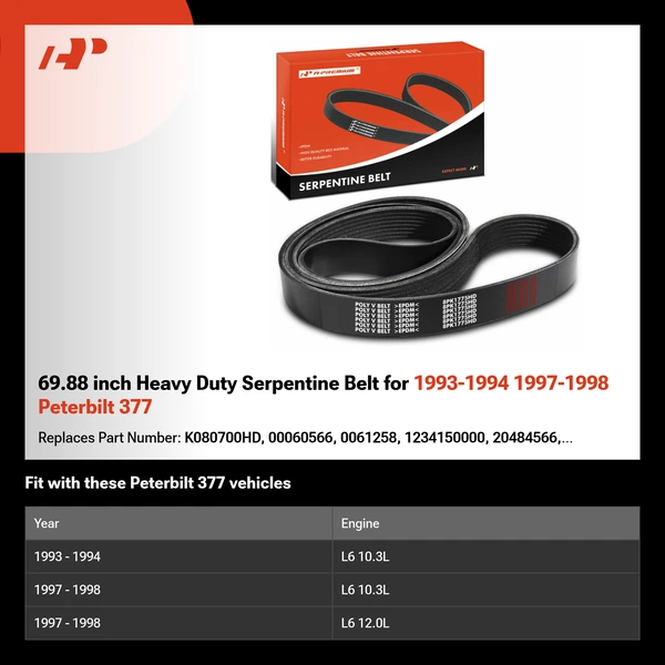 69.88 inch Heavy Duty Serpentine Belt for 1993-1994 1997-1998 Peterbilt 377