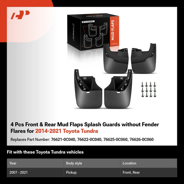 4 Pcs Front & Rear Mud Flaps Splash Guards without Fender Flares for 2014-2021 Toyota Tundra
