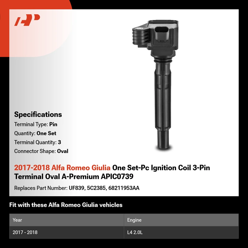2017-2018 Alfa Romeo Giulia One Set-Pc Ignition Coil 3-Pin Terminal Oval A-Premium APIC0739