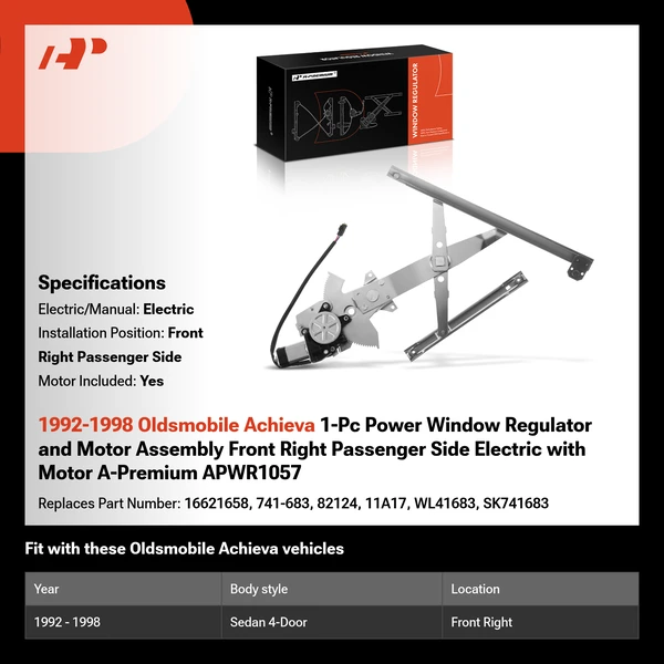 1992-1998 Oldsmobile Achieva 1-Pc Power Window Regulator and Motor Assembly Front Right Passenger Side Electric with Motor A-Premium APWR1057