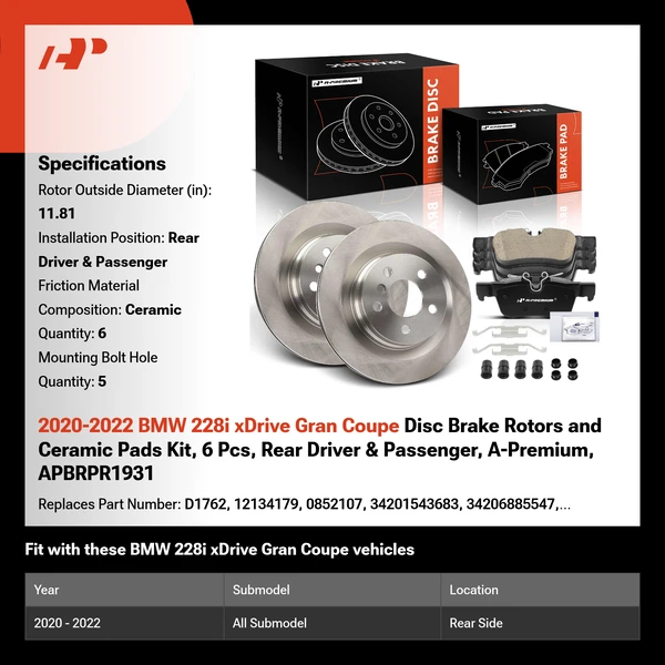 2020-2022 BMW 228i xDrive Gran Coupe Disc Brake Rotors and Ceramic Pads Kit, 6 Pcs, Rear Driver & Passenger, A-Premium, APBRPR1931