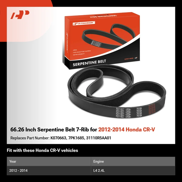 66.26 Inch Serpentine Belt 7-Rib for 2012-2014 Honda CR-V