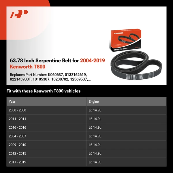 63.78 Inch Serpentine Belt for 2004-2019 Kenworth T800