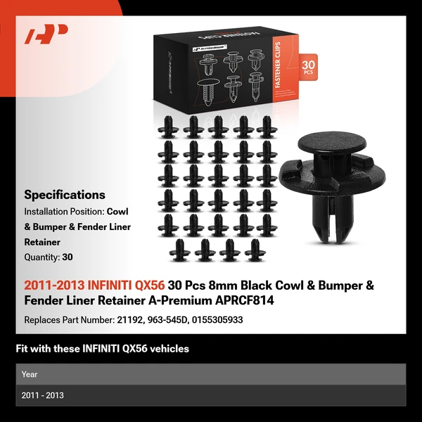 2011-2013 INFINITI QX56 30 Pcs 8mm Black Cowl & Bumper & Fender Liner Retainer A-Premium APRCF814