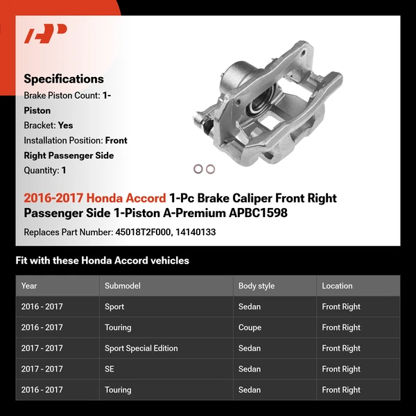 2016-2017 Honda Accord 1-Pc Brake Caliper Front Right Passenger Side 1-Piston A-Premium APBC1598