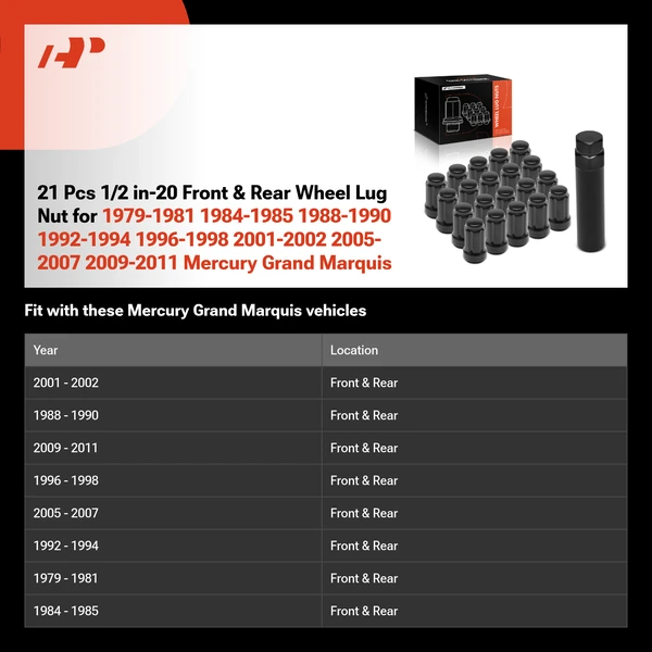 21 Pcs 1/2 in-20 Front & Rear Wheel Lug Nut for 1979-1981 1984-1985 1988-1990 1992-1994 1996-1998 2001-2002 2005-2007 2009-2011 Mercury Grand Marquis