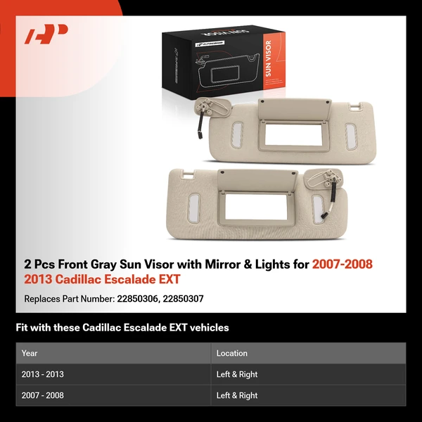 2 Pcs Front Gray Sun Visor with Mirror & Lights for 2007-2008 2013 Cadillac Escalade EXT