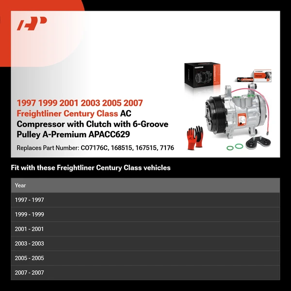 1997 1999 2001 2003 2005 2007 Freightliner Century Class AC Compressor with Clutch with 6-Groove Pulley A-Premium APACC629
