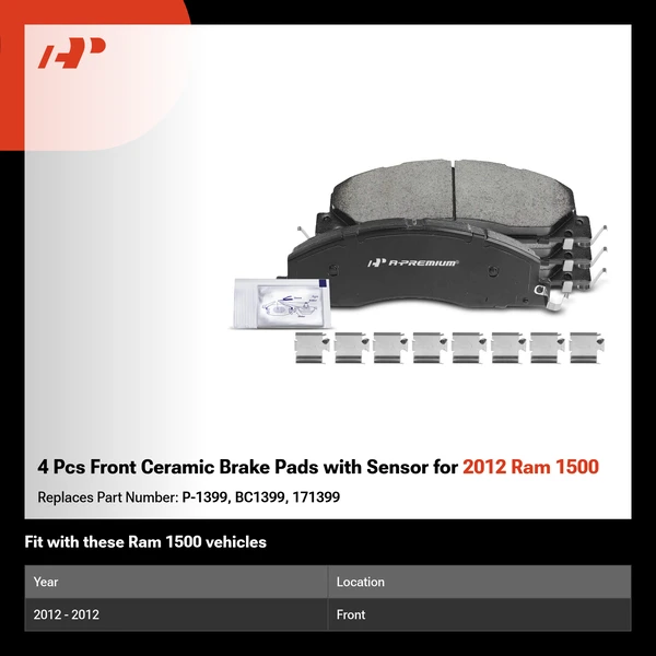 4 Pcs Front Ceramic Brake Pads with Sensor for 2012 Ram 1500