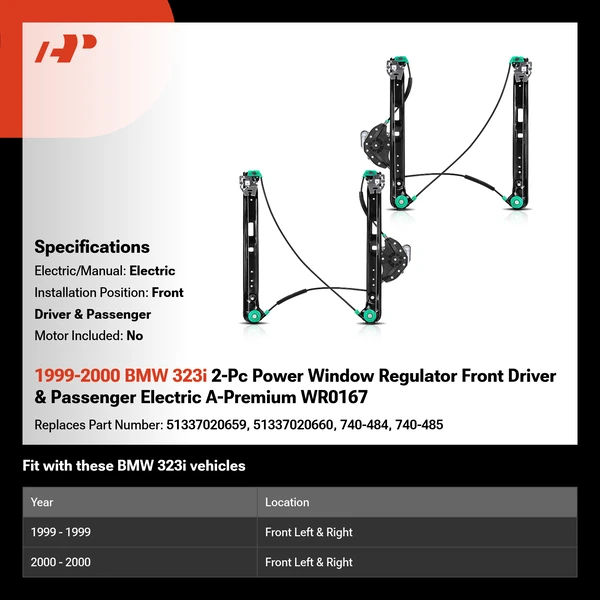 1999-2000 BMW 323i 2-Pc Power Window Regulator Front Driver & Passenger Electric A-Premium WR0167