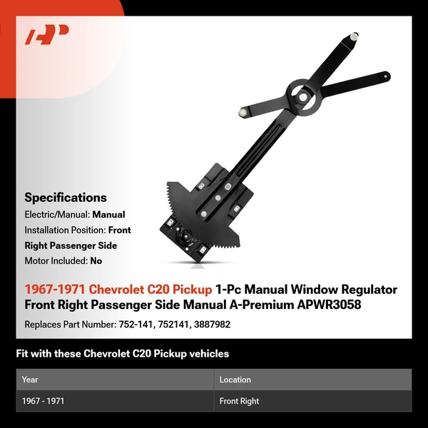 1967-1971 Chevrolet C20 Pickup 1-Pc Manual Window Regulator Front Right Passenger Side Manual A-Premium APWR3058