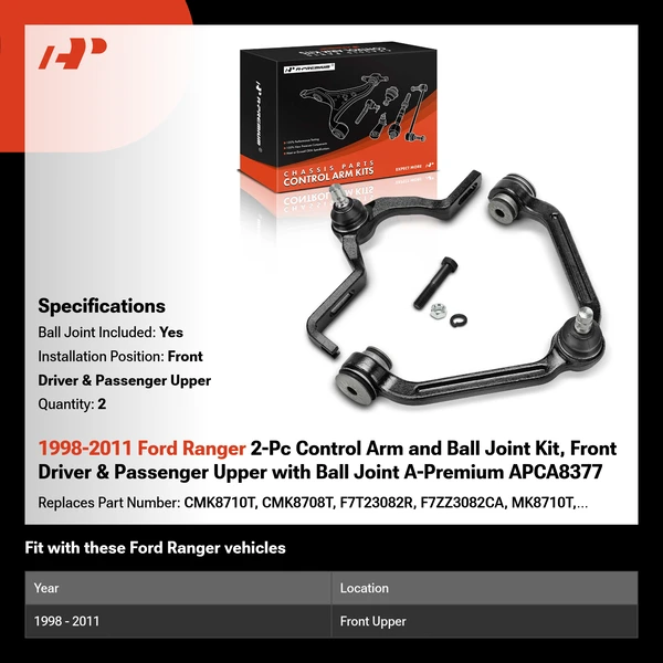 1998-2011 Ford Ranger 2-Pc Control Arm and Ball Joint Kit, Front Driver & Passenger Upper with Ball Joint A-Premium APCA8377