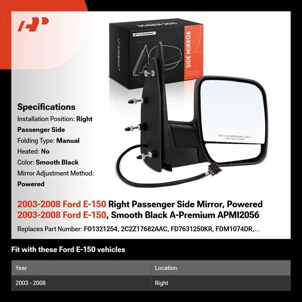 2003-2008 Ford E-150 Right Passenger Side Mirror, Powered 2003-2008 Ford E-150, Smooth Black A-Premium APMI2056