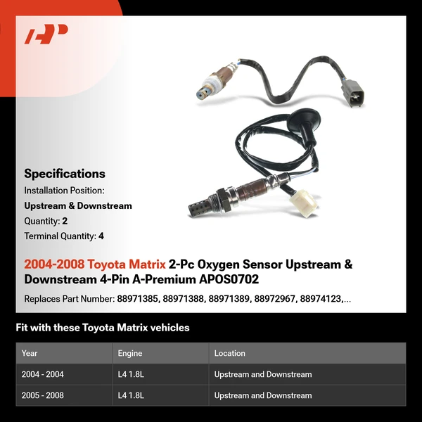 2004-2008 Toyota Matrix 2-Pc Oxygen Sensor Upstream & Downstream 4-Pin A-Premium APOS0702