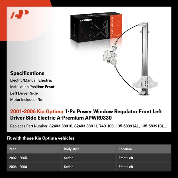 2001-2006 Kia Optima 1-Pc Power Window Regulator Front Left Driver Side Electric A-Premium APWR0330