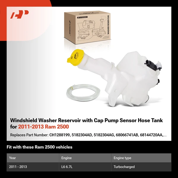 Windshield Washer Reservoir with Cap Pump Sensor Hose Tank for 2011-2013 Ram 2500