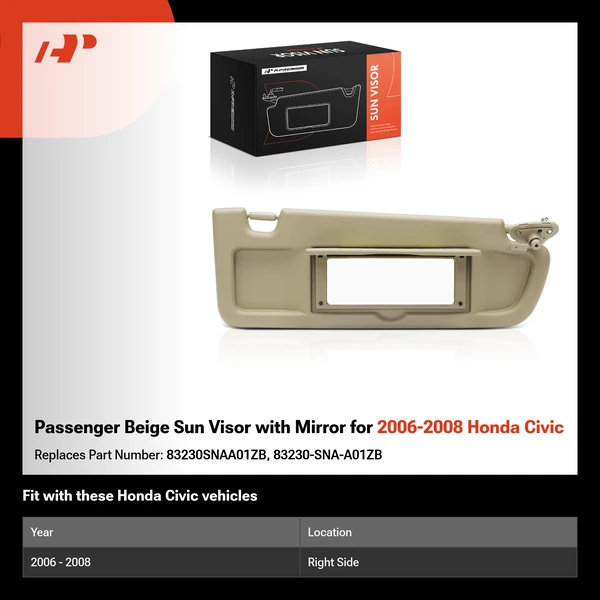 Passenger Beige Sun Visor with Mirror for 2006-2008 Honda Civic